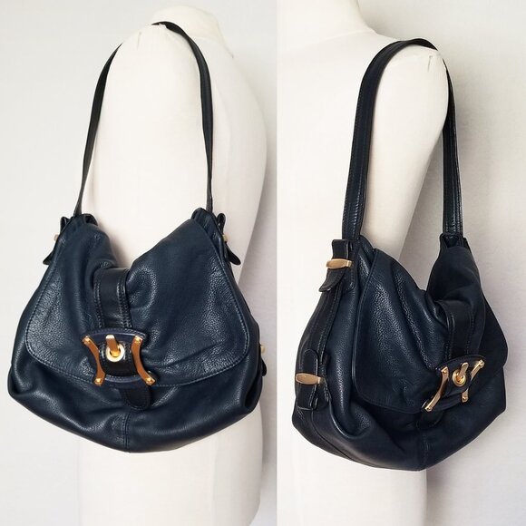 B. Makowsky Navy Blue Black Genuine Leather Shoulder Bag Gold Hardware Hobo Y2K - Picture 4 of 16